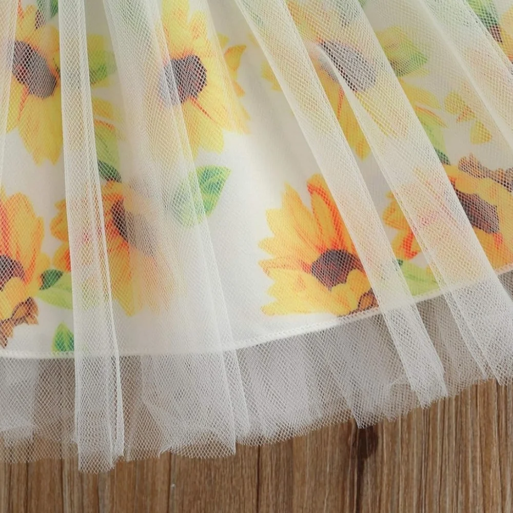 Toddler Girl Yellow Floral Tulle Dress Ribbed Sun Dress Ruffle Bodice 18-24M